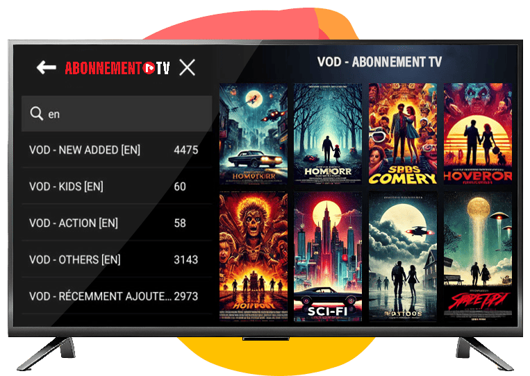 écran de télévision présentant des films et séries IPTV par abonnement